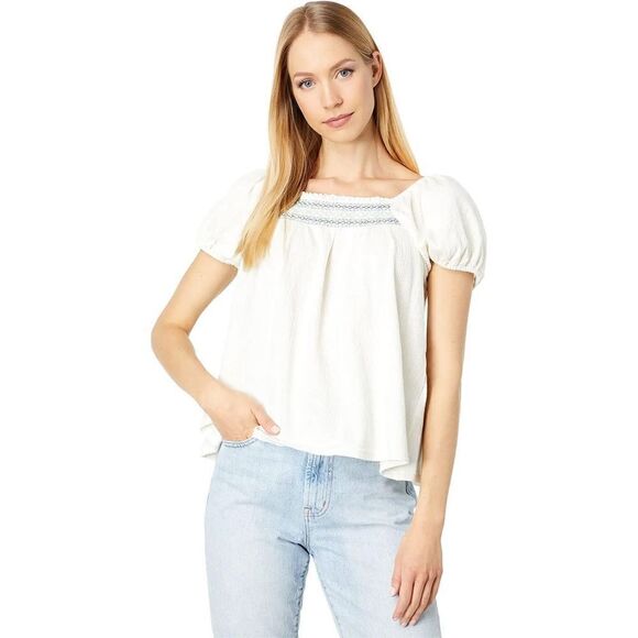 NWT Madewell Seahorse Embroidery Top 3X Plus Blue Zig Zag Embroidered Square Top - Picture 1 of 16